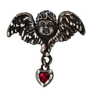 EAE Pewter Cupid Read Heart Rhinestone Charm Dangle Brooch, Signed L288